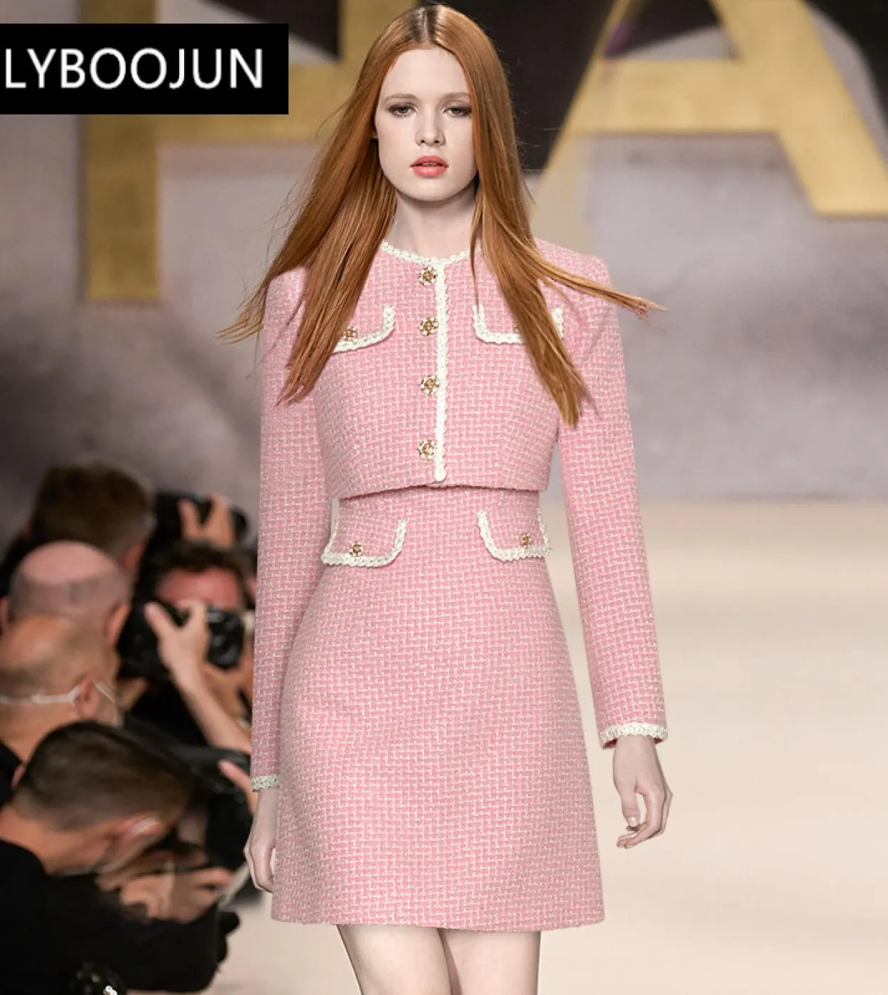 2022 Luxury Designer Autumn Runway Plaid Tweed Suit Donna O Collo Maniche lunghe Giacca corta  Mini abito senza maniche Two P