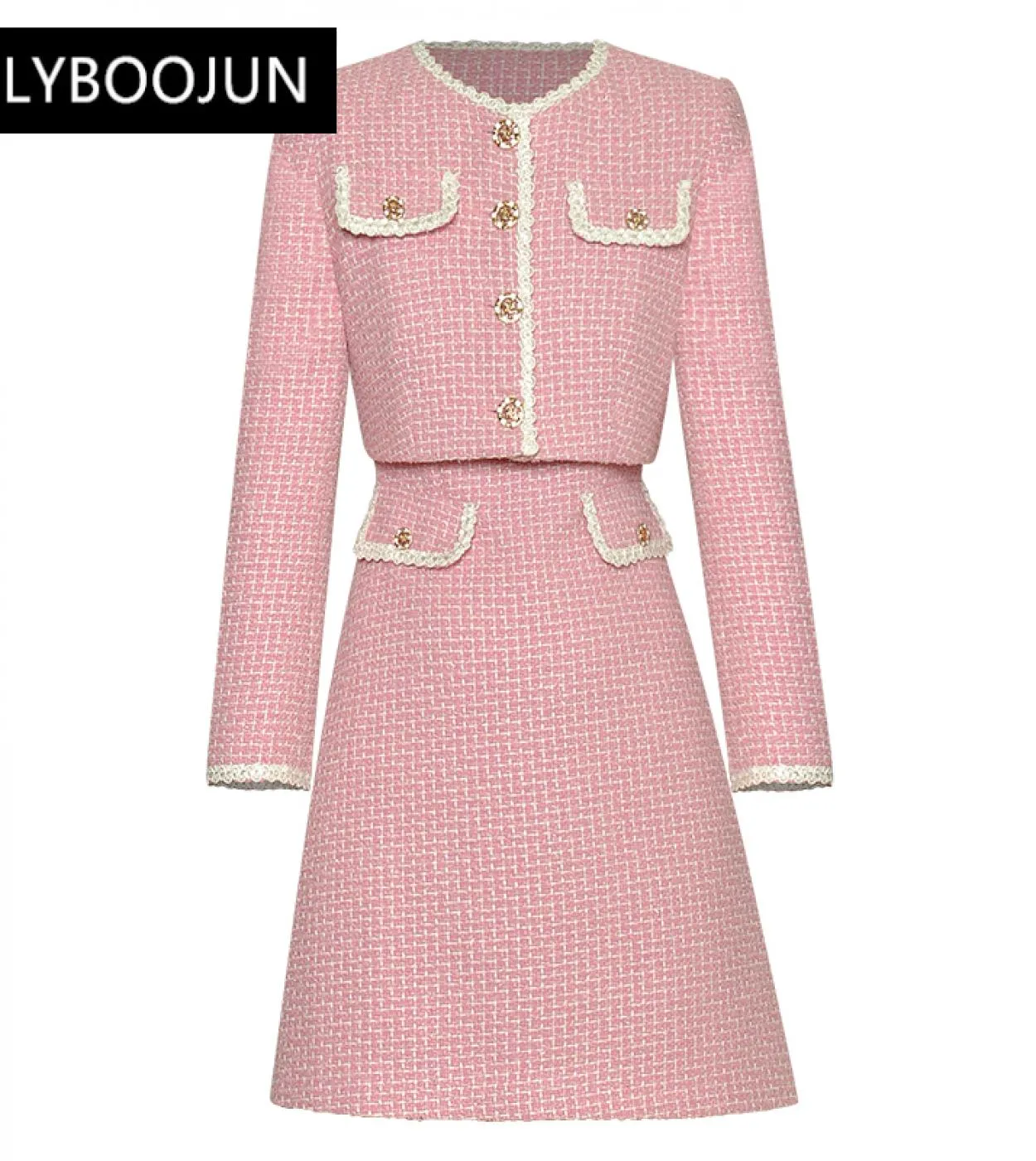 2022 Luxury Designer Autumn Runway Plaid Tweed Suit Donna O Collo Maniche lunghe Giacca corta  Mini abito senza maniche Two P