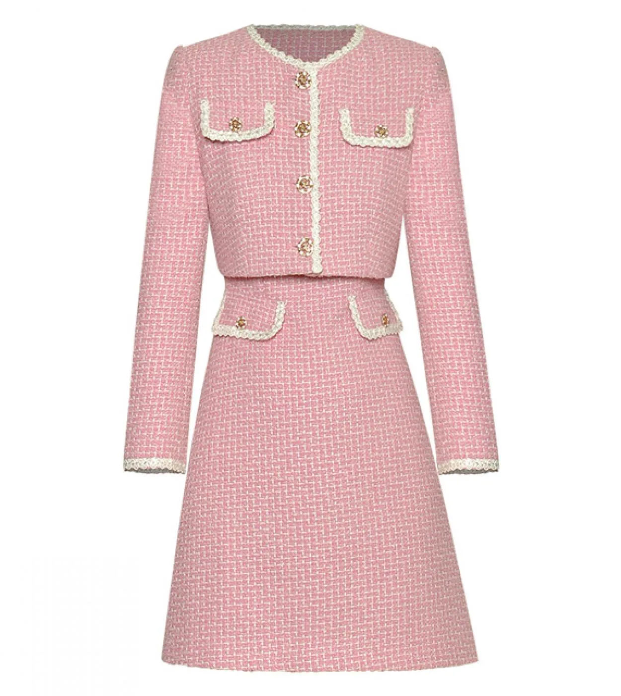2022 Luxury Designer Autumn Runway Plaid Tweed Suit Donna O Collo Maniche lunghe Giacca corta  Mini abito senza maniche Two P