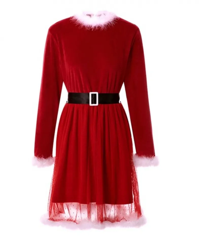 2022 Nuovo Abito Rosso Di Natale Autunno E Inverno Caldo A Vita Alta A Maniche Lunghe Abito Da Festival Abito Estivo Con Cintura