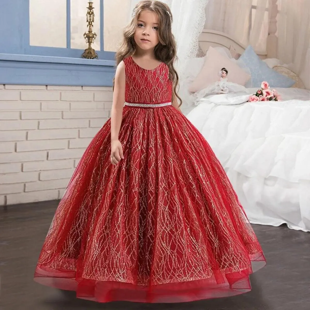 2023 Nuovo abito da ragazza di lusso con scollo a V con paillettes in tulle Abito da festa Abito da sera con ballo di Natale Flu