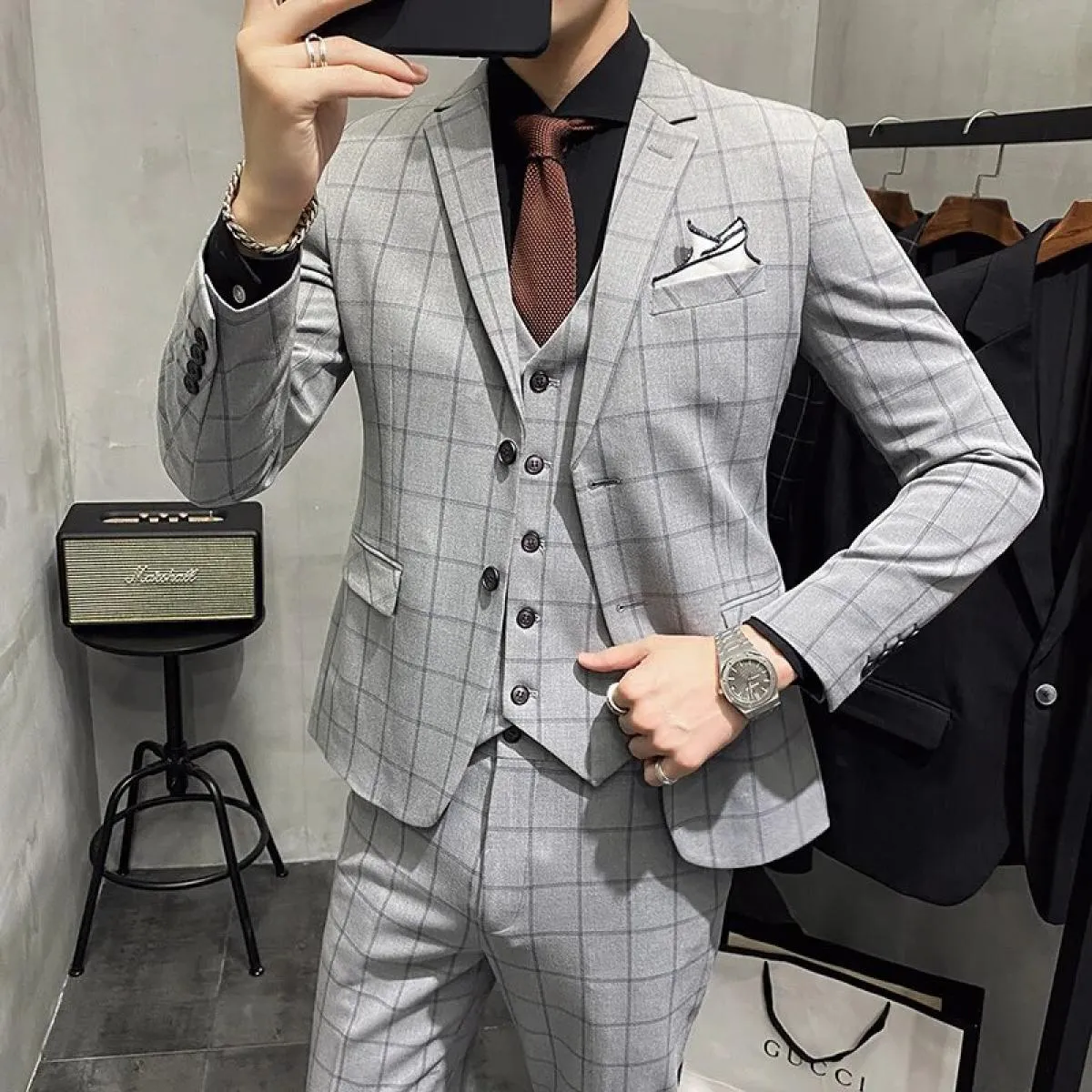 2023 Pantaloni da completo da uomo Abito da uomo a righe Slim Fit Smoking da sposo da sposa Blazer scozzese Prom Giacca Pantalon