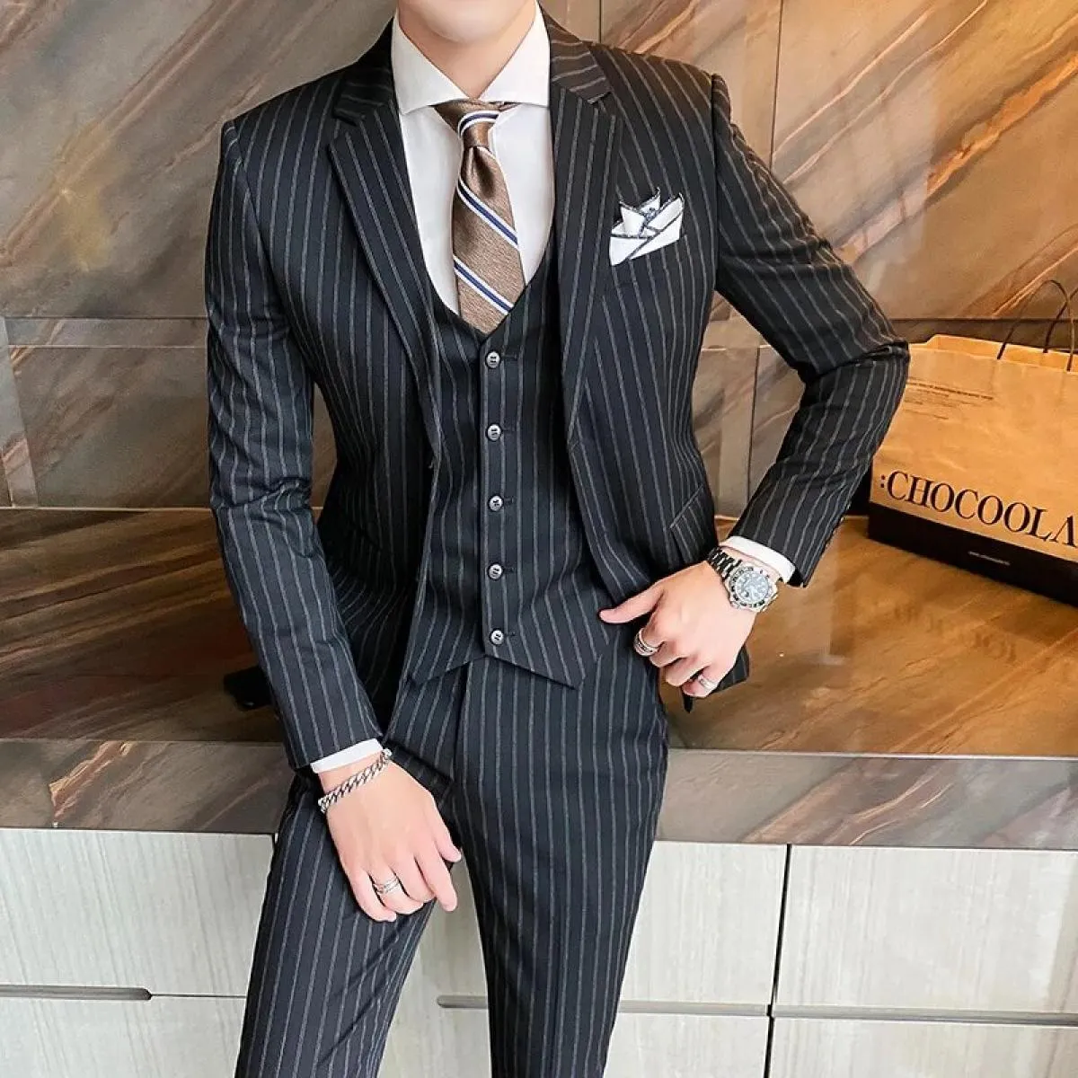 2023 Pantaloni da completo da uomo Abito da uomo a righe Slim Fit Smoking da sposo da sposa Blazer scozzese Prom Giacca Pantalon