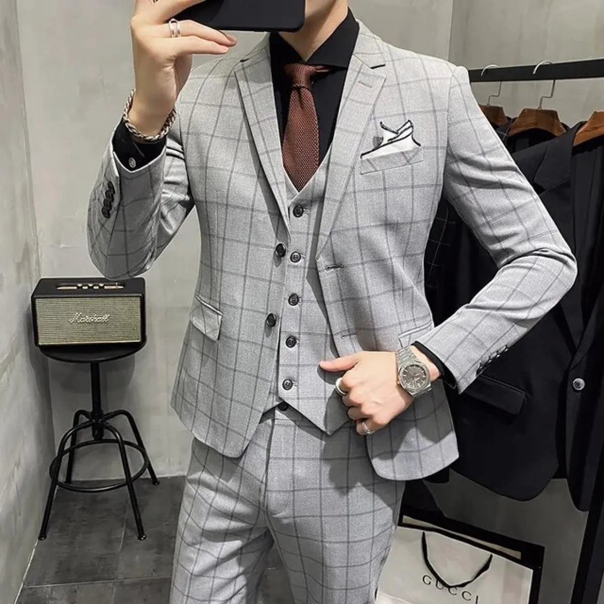 2023 Pantaloni da completo da uomo Abito da uomo a righe Slim Fit Smoking da sposo da sposa Blazer scozzese Prom Giacca Pantalon