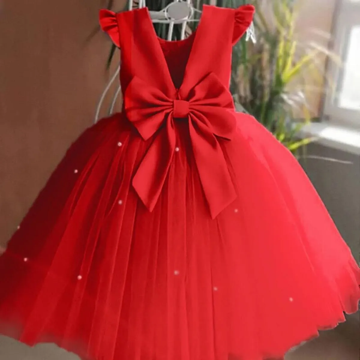 Abito da bambina da 12 m. Fiocco rosso con perline. Abito tutù di Natale. Abito per la prima festa di compleanno per bambini
