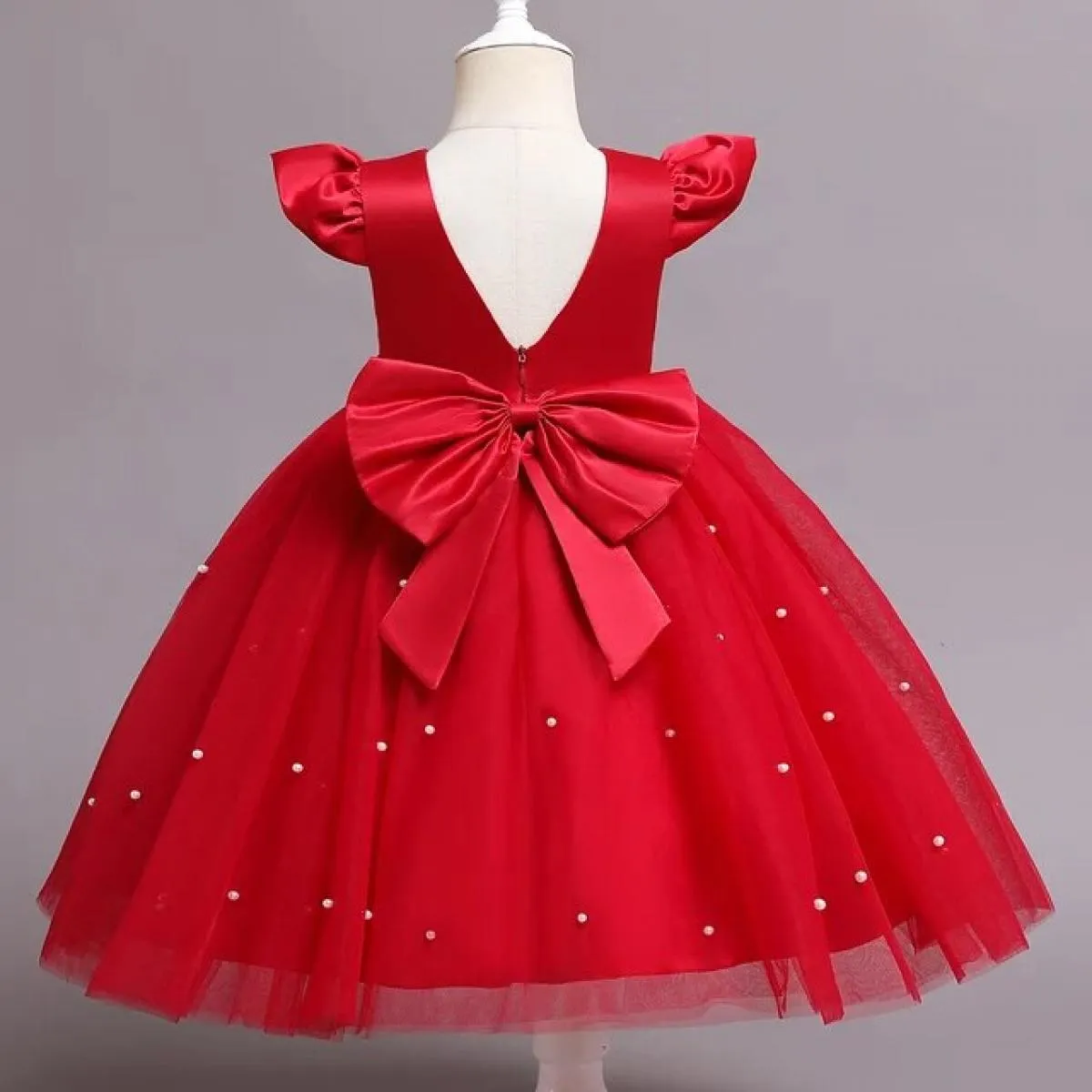 Abito da bambina da 12 m. Fiocco rosso con perline. Abito tutù di Natale. Abito per la prima festa di compleanno per bambini