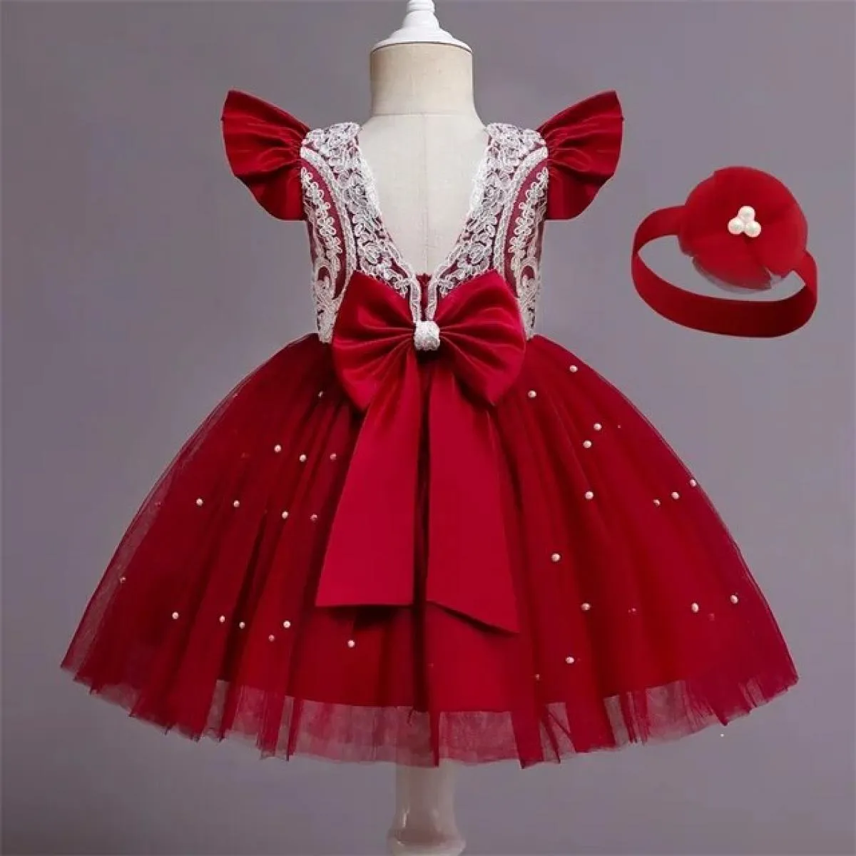 Abito da bambina da 12 m. Fiocco rosso con perline. Abito tutù di Natale. Abito per la prima festa di compleanno per bambini