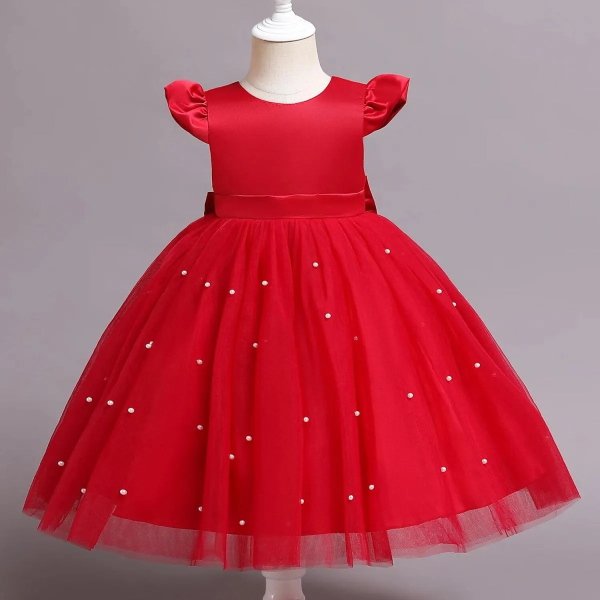 Abito da bambina da 12 m. Fiocco rosso con perline. Abito tutù di Natale. Abito per la prima festa di compleanno per bambini