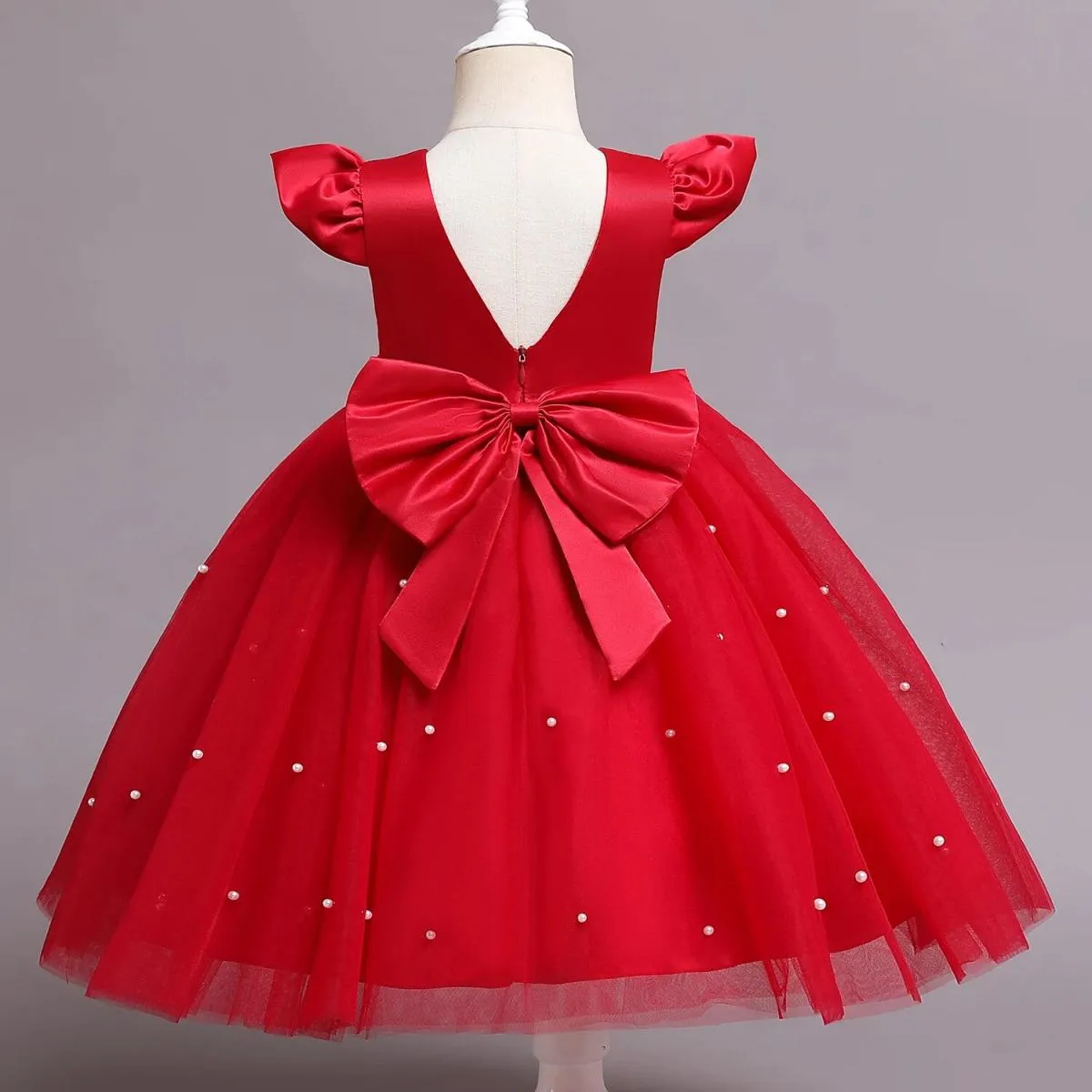 Abito da bambina da 12 m. Fiocco rosso con perline. Abito tutù di Natale. Abito per la prima festa di compleanno per bambini