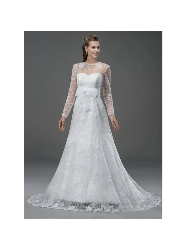 Abito da sposa A-line in tulle ricamato con pizzo a manica lunga online