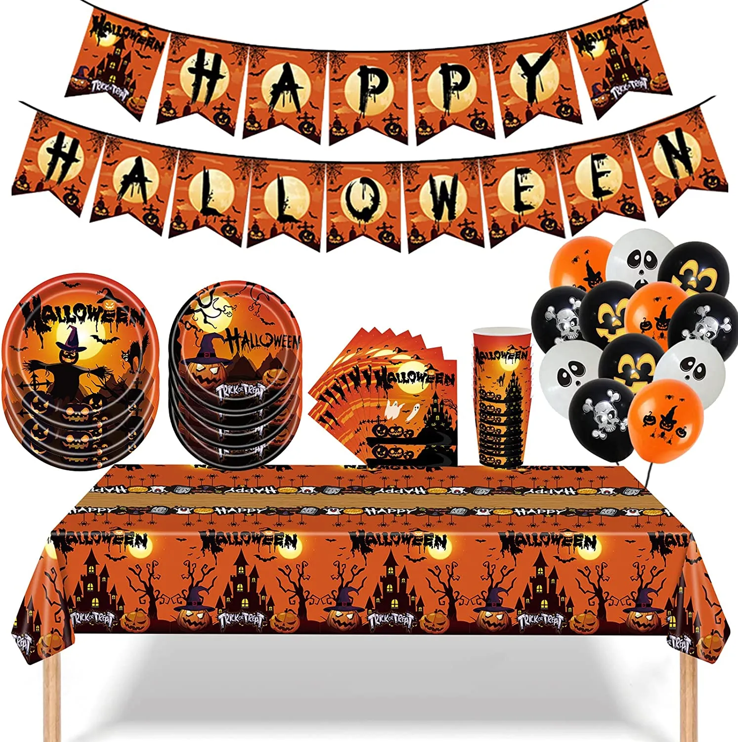 ALNILK Set di Stoviglie a Tema Halloween per 24 Persone,Halloween Party Stoviglie,24 Piatti + 24 Bicchieri + 24 tovaglioli + 24P