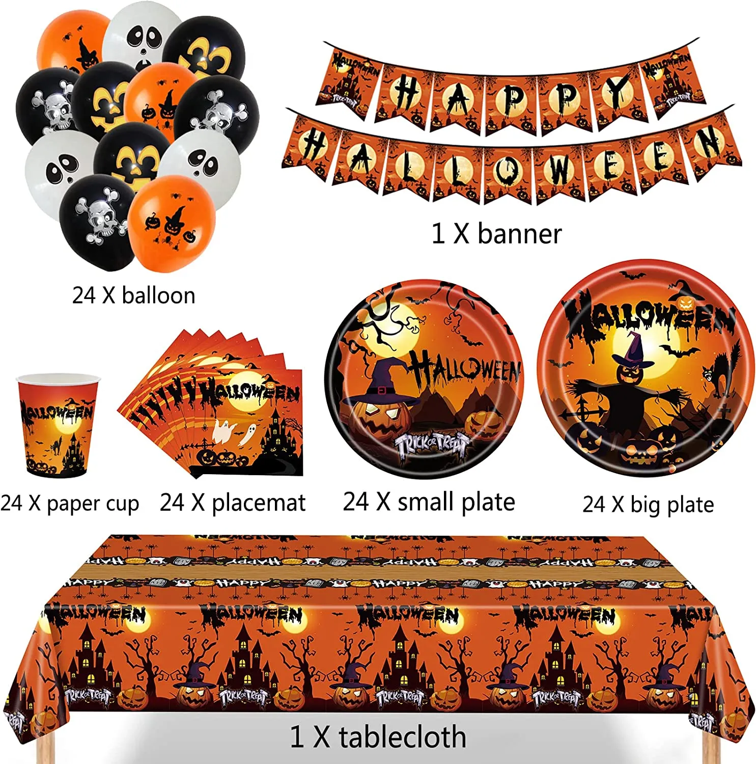 ALNILK Set di Stoviglie a Tema Halloween per 24 Persone,Halloween Party Stoviglie,24 Piatti + 24 Bicchieri + 24 tovaglioli + 24P