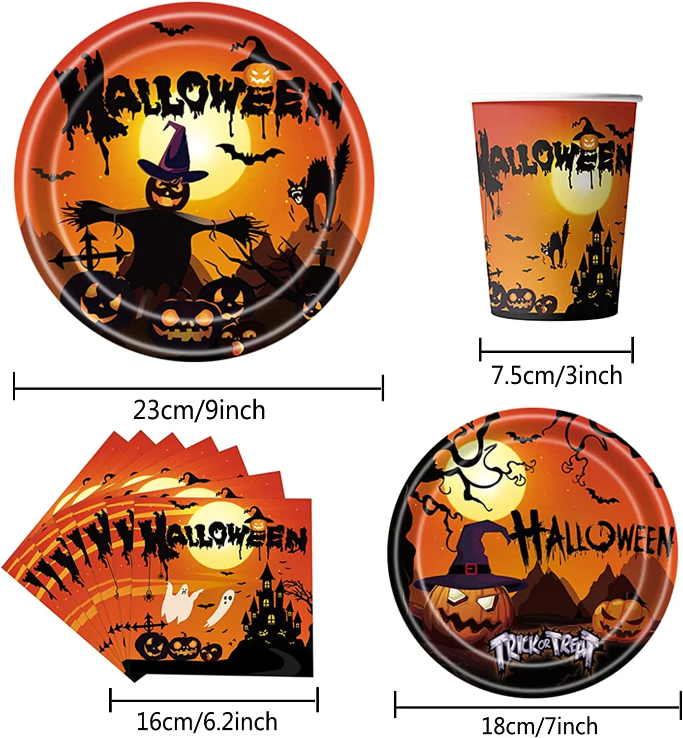 ALNILK Set di Stoviglie a Tema Halloween per 24 Persone,Halloween Party Stoviglie,24 Piatti + 24 Bicchieri + 24 tovaglioli + 24P