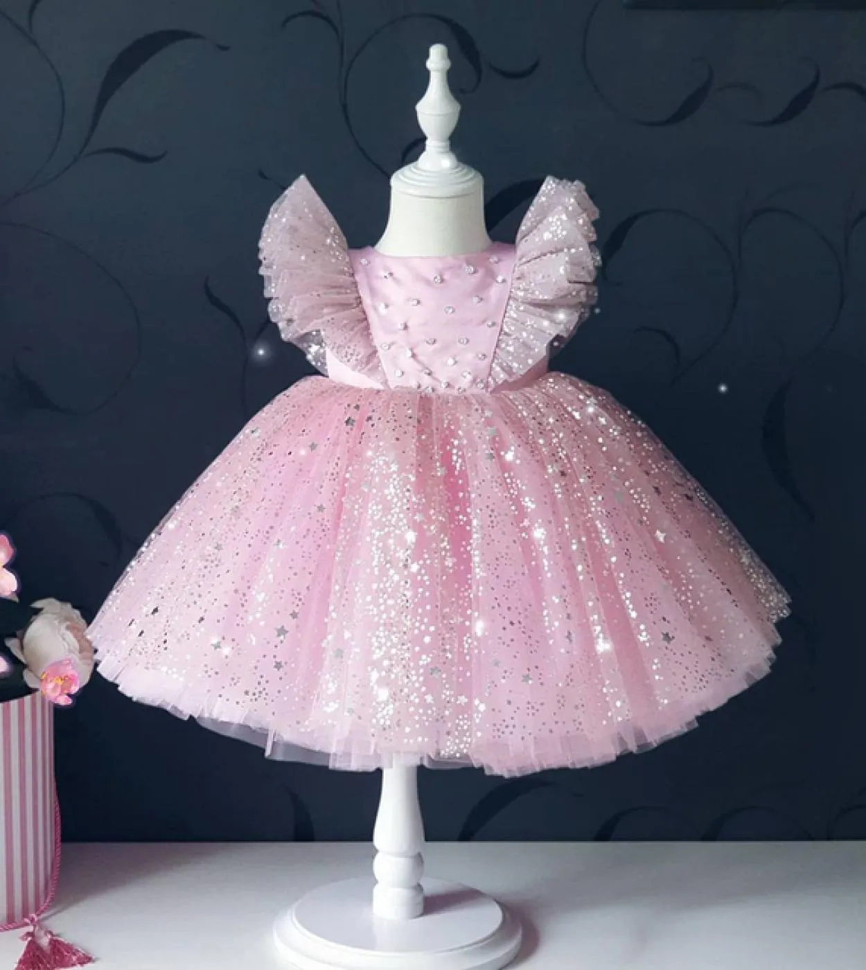 Battesimo del bambino Abito da principessa lucido Ragazza Battesimo Natale Rosso Bambino capodanno Fiocco Abiti in tulle Paillet