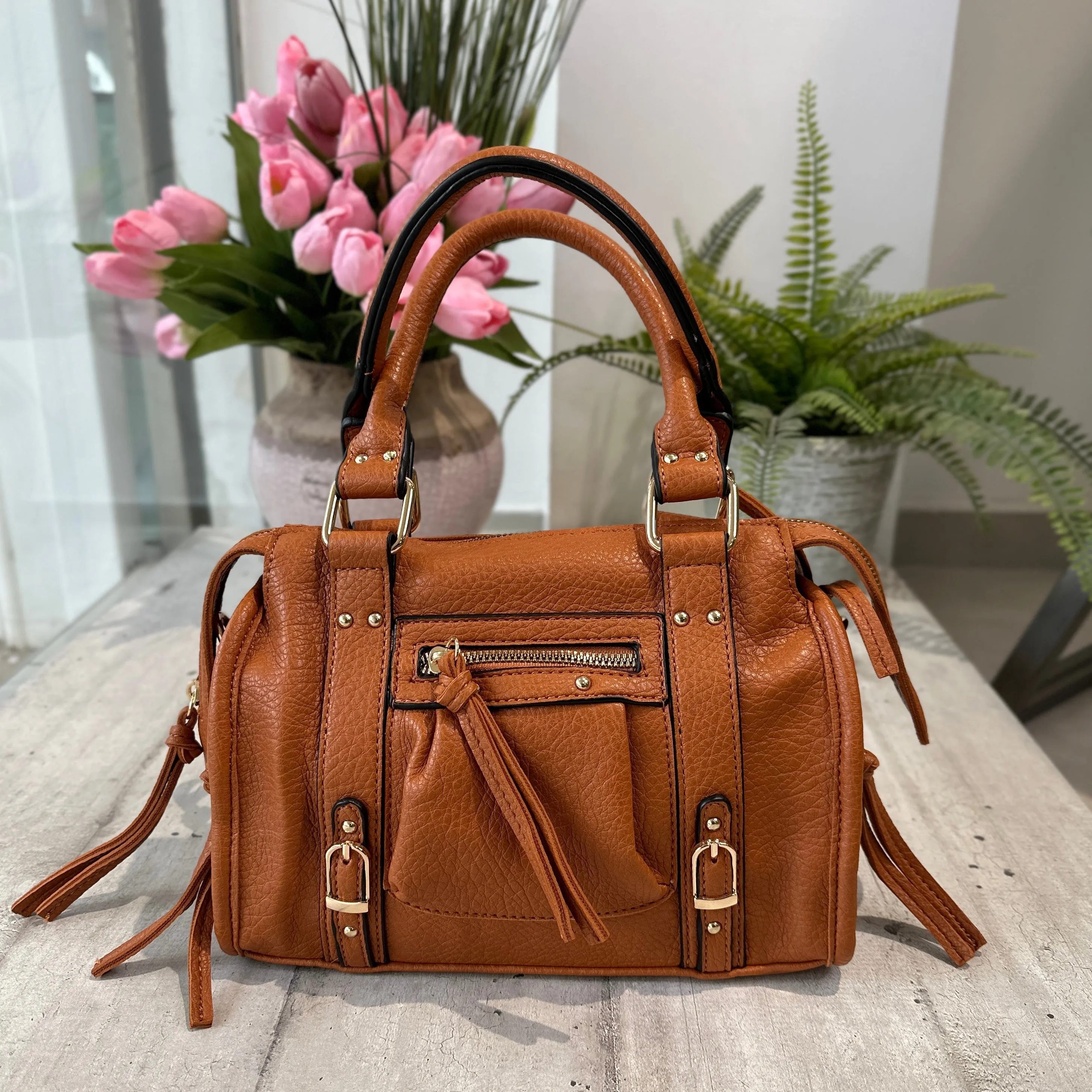 Borsa Mini color Cuoio Similpelle a Spalla con Tracolla e Zip EMMA