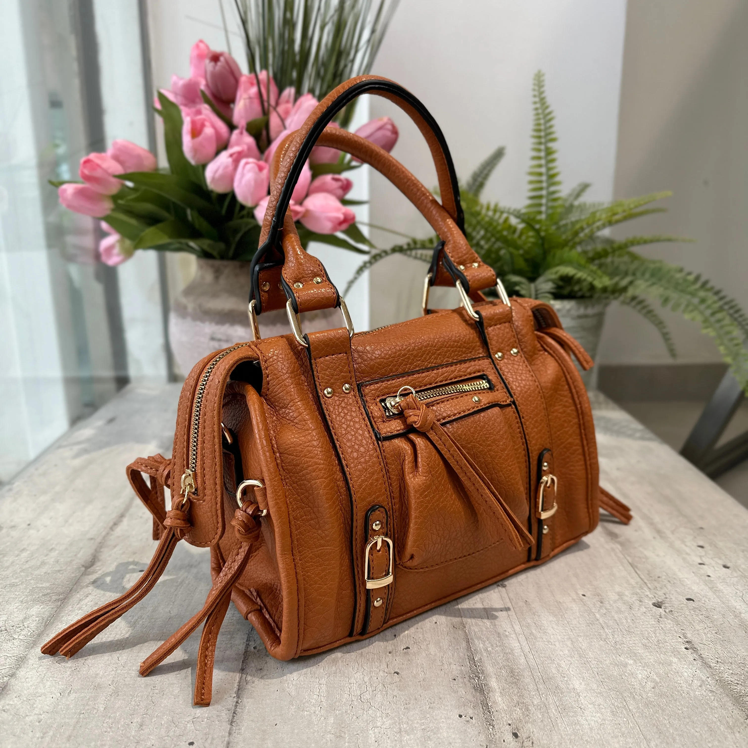 Borsa Mini color Cuoio Similpelle a Spalla con Tracolla e Zip EMMA