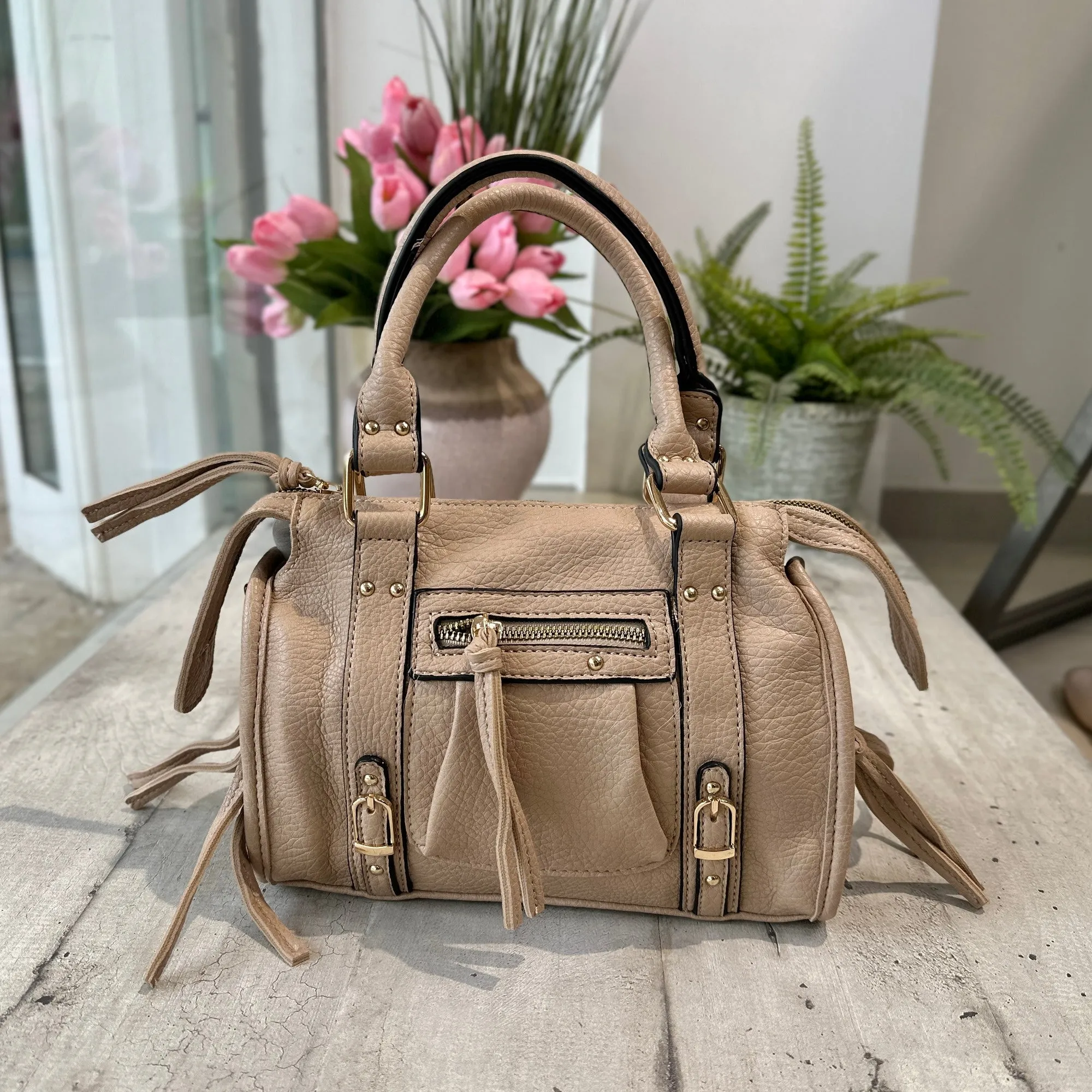 Borsa Mini color Taupe Similpelle a Spalla con Tracolla e Zip EMMA