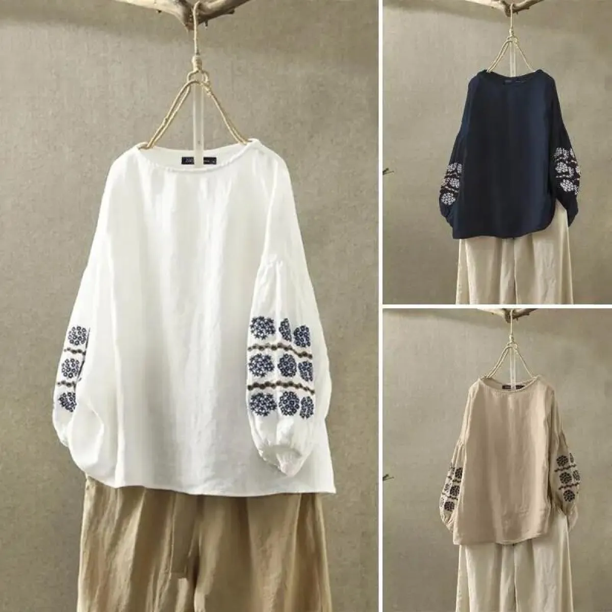 Camicetta da donna alla moda 2023 Autunno nuova elegante manica a lanterna ricamata camicia casual allentata da donna girocollo