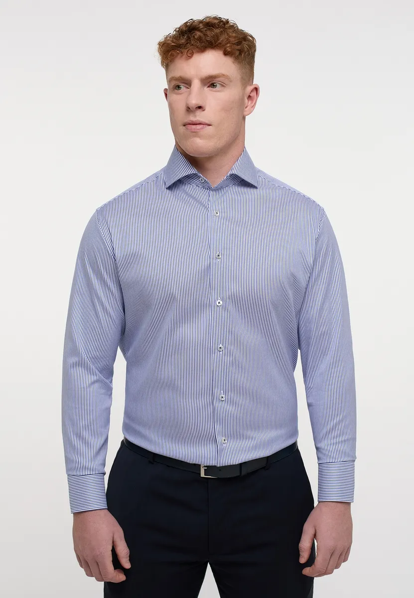 Camicia a righe azzurro eterna modern fit collo alla francese