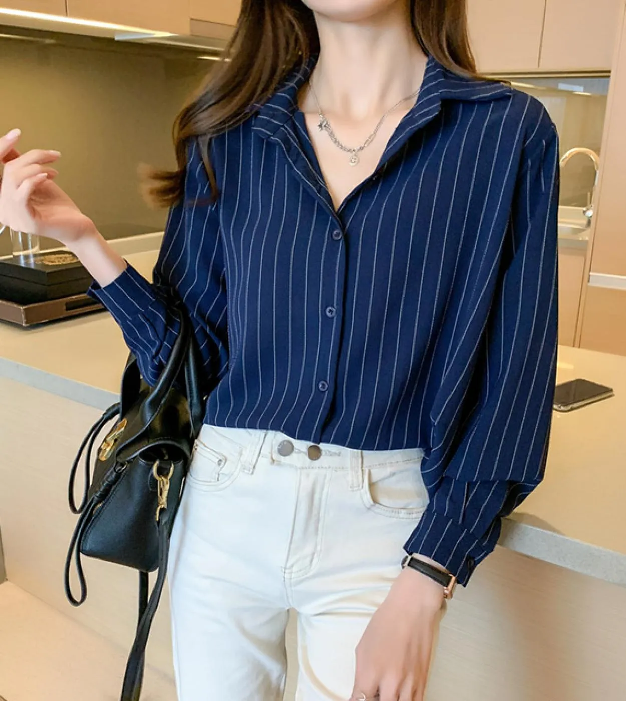 Camicia a righe bianche primavera autunno moda donna camicette da ufficio a maniche lunghe casual top camicetta in cotone con bo