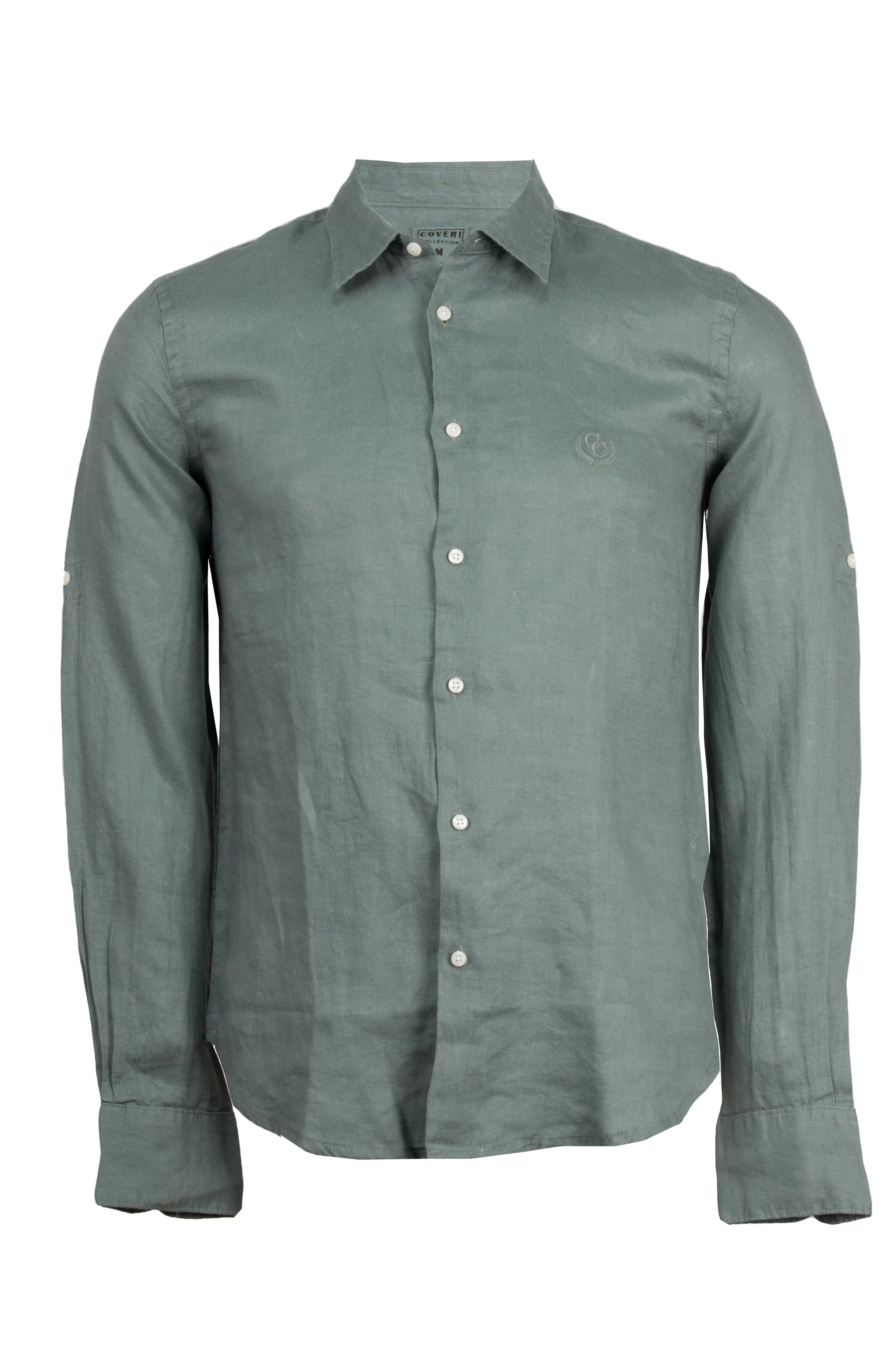 Camicia collo classico in puro lino colore verde militare con logo ricamato sul cuore