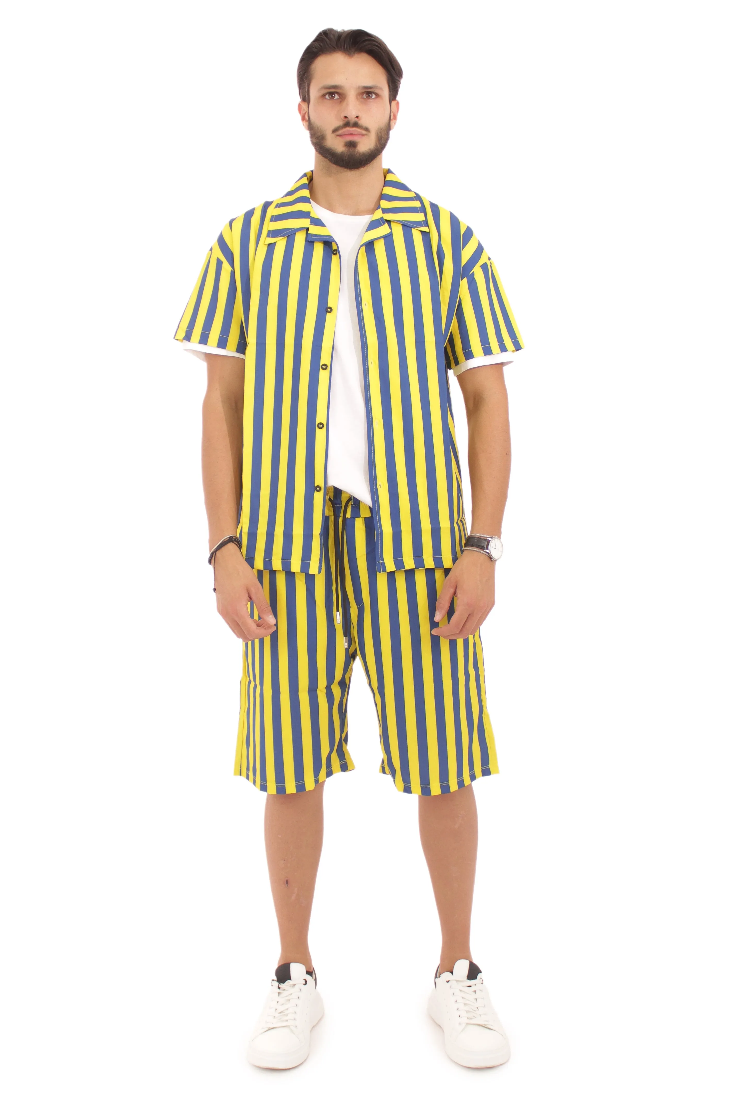 Coordinato Uomo Camicia e Pantalone a Righe Giallo/Blu Art. Cd01