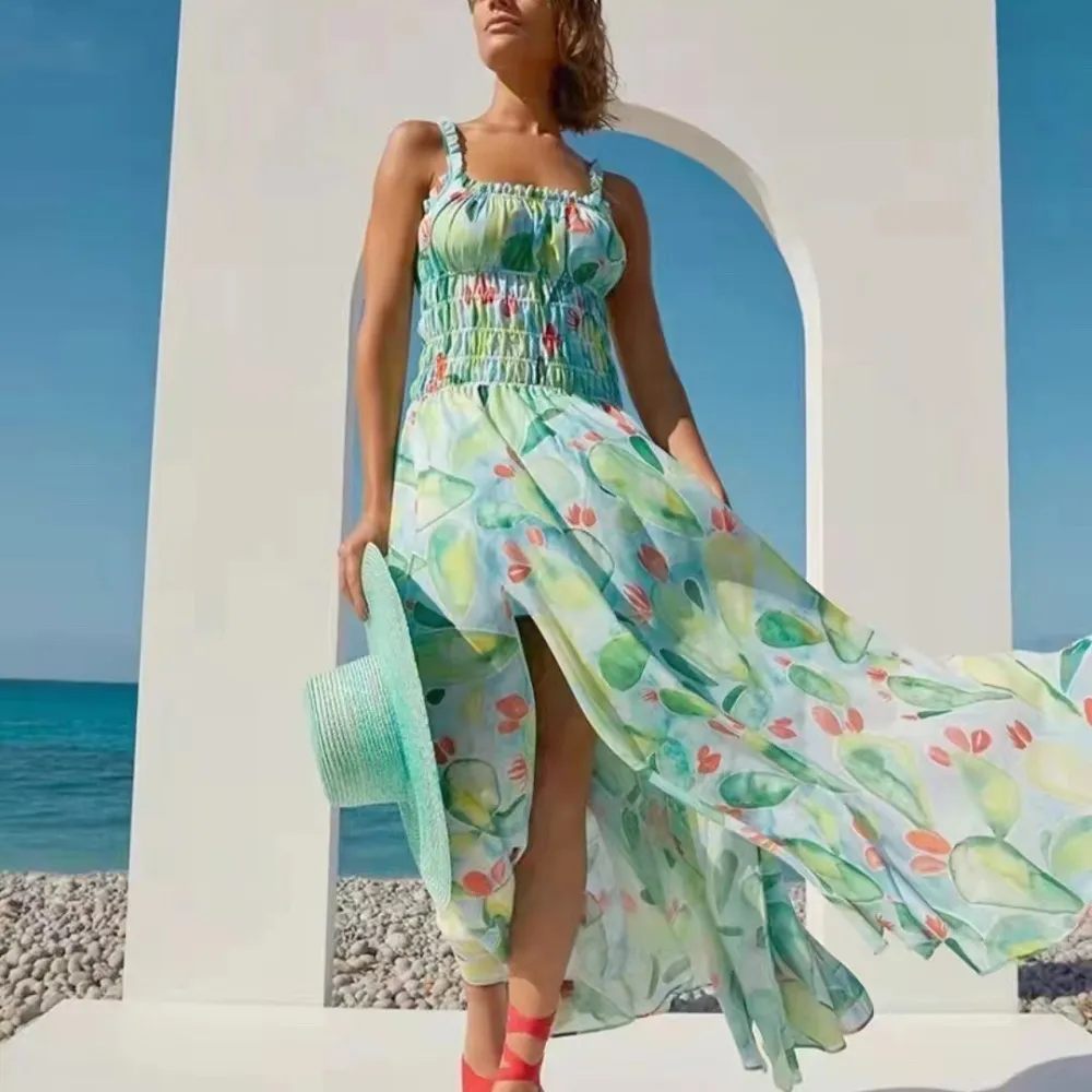 E stampa di moda 2023 nuovo stile estivo stile vacanza senza spalline abito lungo a vita alta per le donne