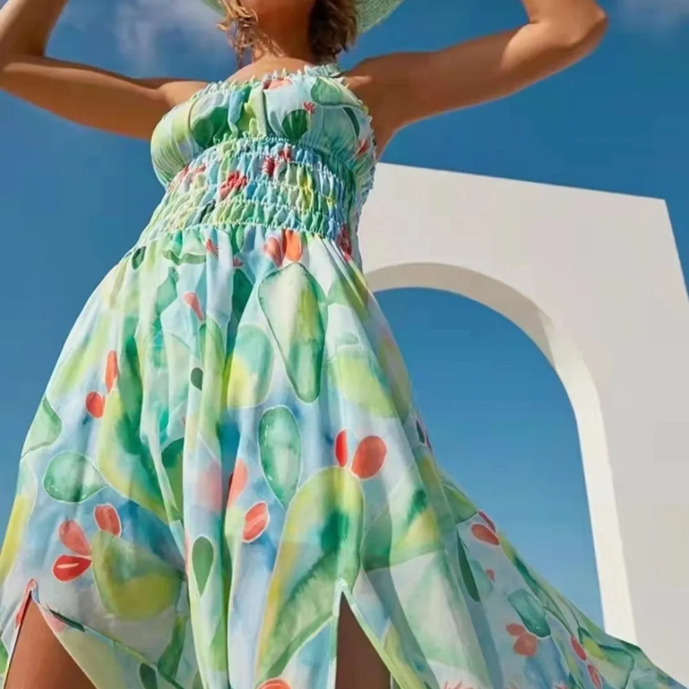 E stampa di moda 2023 nuovo stile estivo stile vacanza senza spalline abito lungo a vita alta per le donne