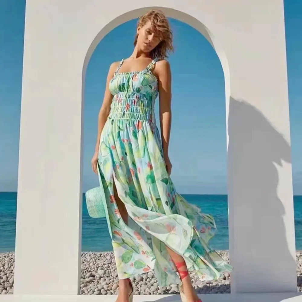 E stampa di moda 2023 nuovo stile estivo stile vacanza senza spalline abito lungo a vita alta per le donne