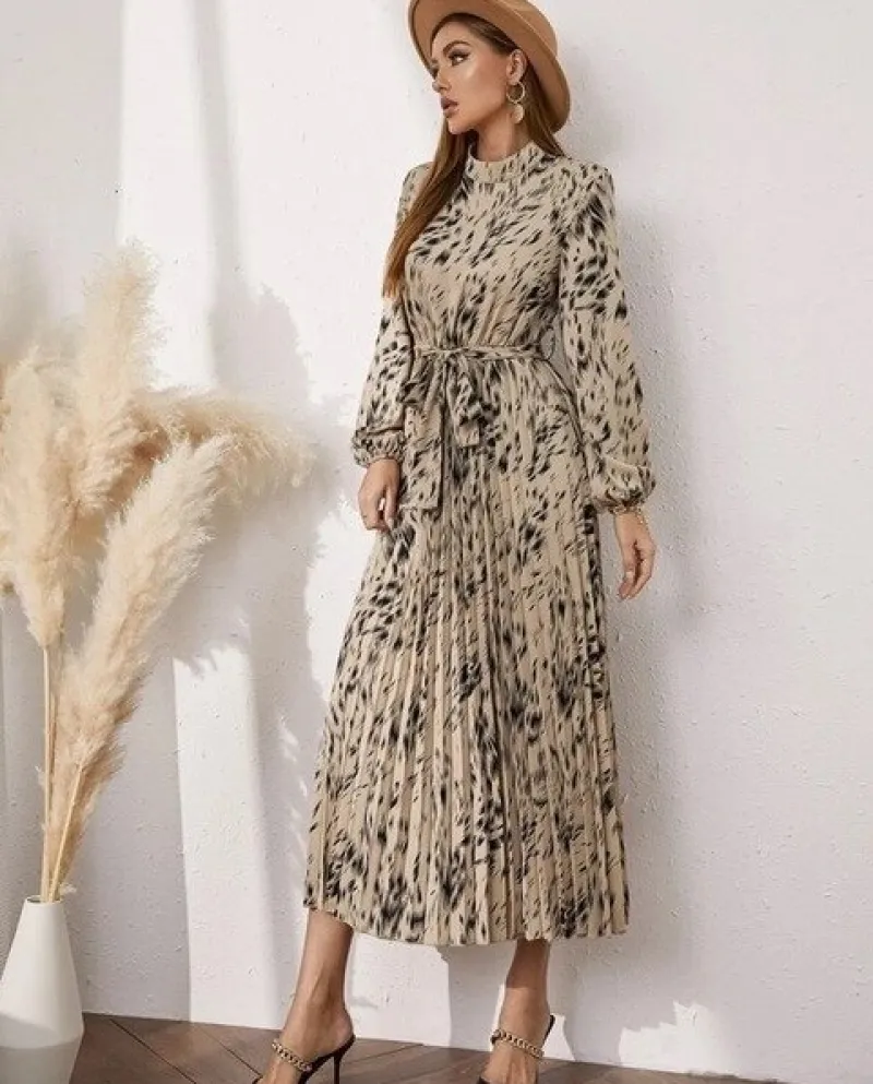 Elegant Pleated Long Dress Vintage Woman Wrap Bandage Dress Autumn Fashion O Neck A Line Dresses For Women 2022
