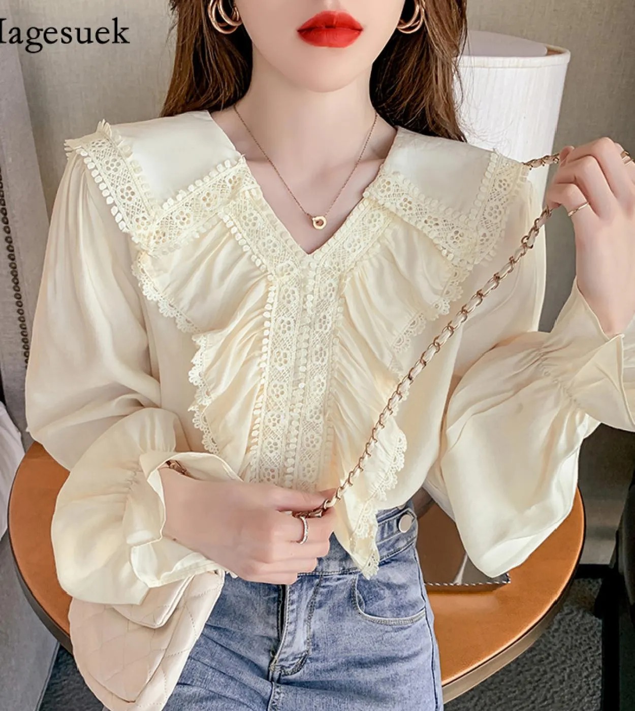 Elegante camicia da donna in chiffon con cuciture in pizzo Camicetta con volant con scollo a V a maniche lunghe in autunno con t