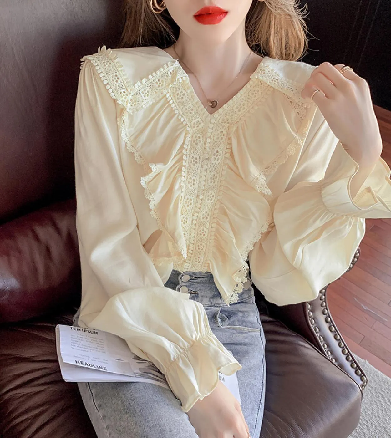 Elegante camicia da donna in chiffon con cuciture in pizzo Camicetta con volant con scollo a V a maniche lunghe in autunno con t