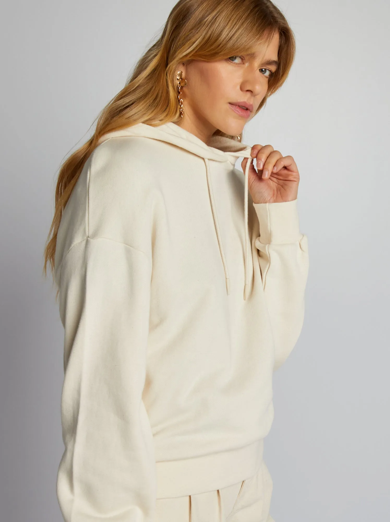 Felpa in tessuto felpato con cappuccio - BEIGE