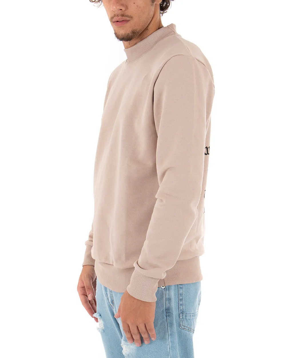 Felpa Uomo Girocollo Maglia Con Stampa Beige Regular Fit GIOSAL-F2819A