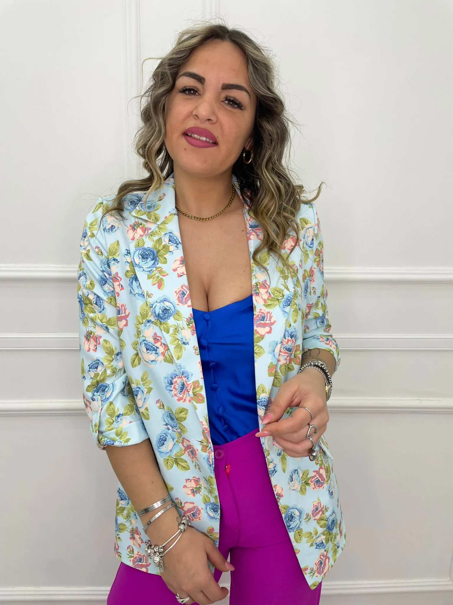 Giacca a fiori con manica arricciata