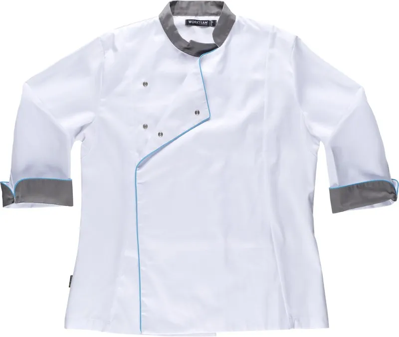 Giacca da cucina da donna abbinata a profili in tessuto Bird-eye su giromanica e schiena antimacchia Tto White Grey