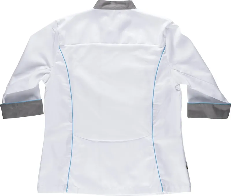 Giacca da cucina da donna abbinata a profili in tessuto Bird-eye su giromanica e schiena antimacchia Tto White Grey