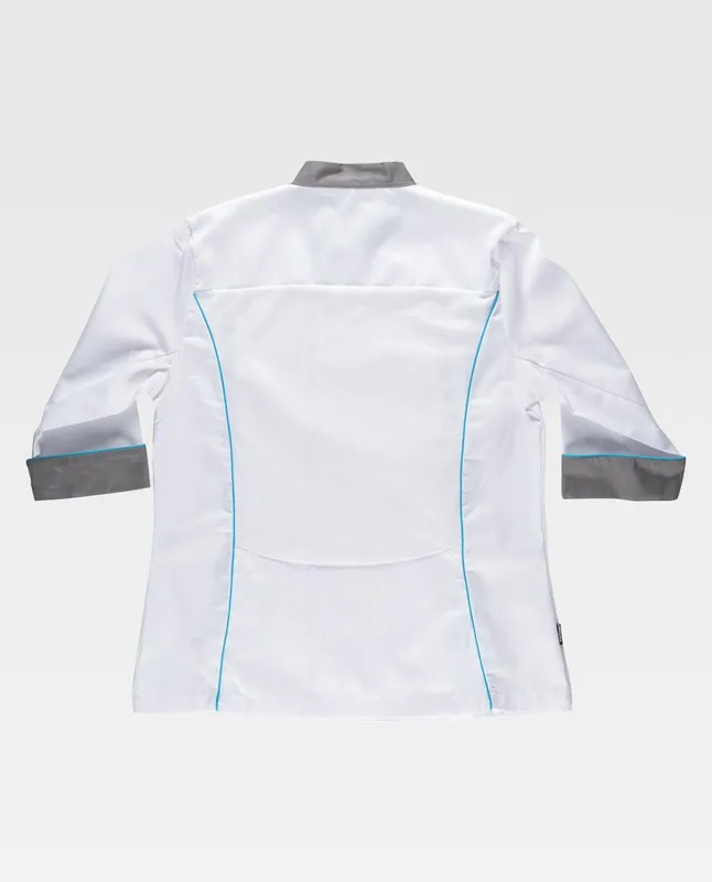 Giacca da cucina da donna abbinata a profili in tessuto Bird-eye su giromanica e schiena antimacchia Tto White Grey