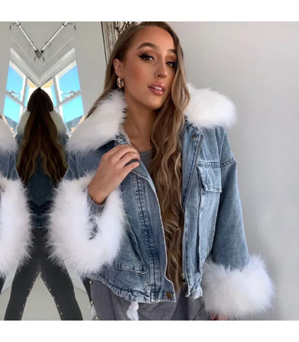 Giacca denim white and furry