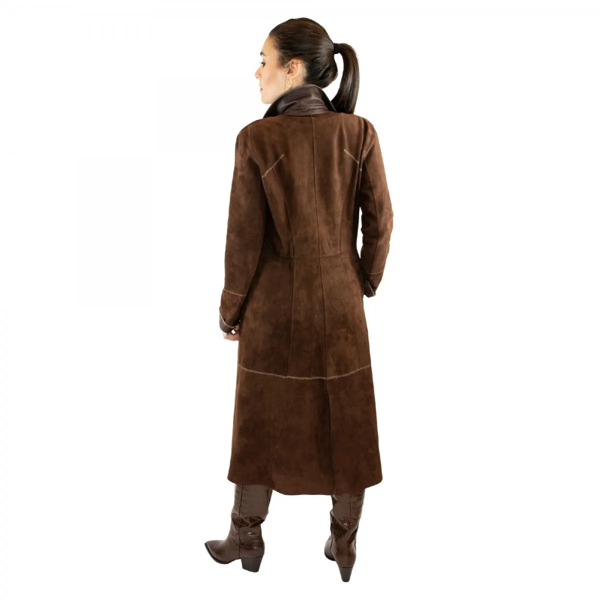 Giacca reversibile lunga elegante da donna fatta a mano in pelle marrone con cintura