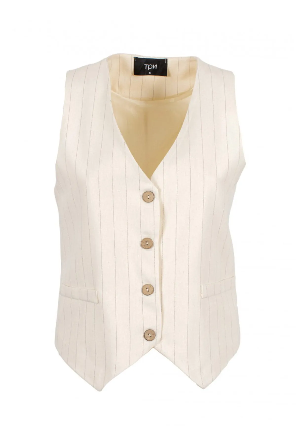 Gilet donna panciotto in cotone lino gessato finte tasche a filo e bottone effetto sughero