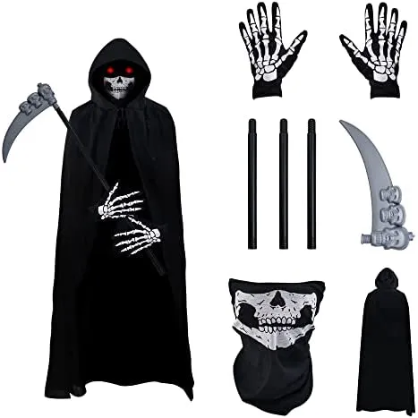 Halcyerdu Costumi Halloween, Mantello Cappuccio Nero con Guanti Scheletro,Scaldacollo Teschio,Falce Halloween,Halloween Costume 
