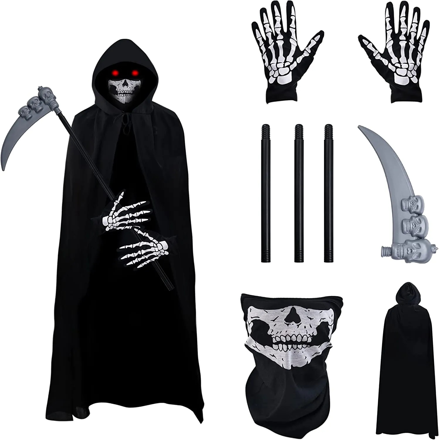 Halcyerdu Costumi Halloween, Mantello Cappuccio Nero con Guanti Scheletro,Scaldacollo Teschio,Falce Halloween,Halloween Costume 