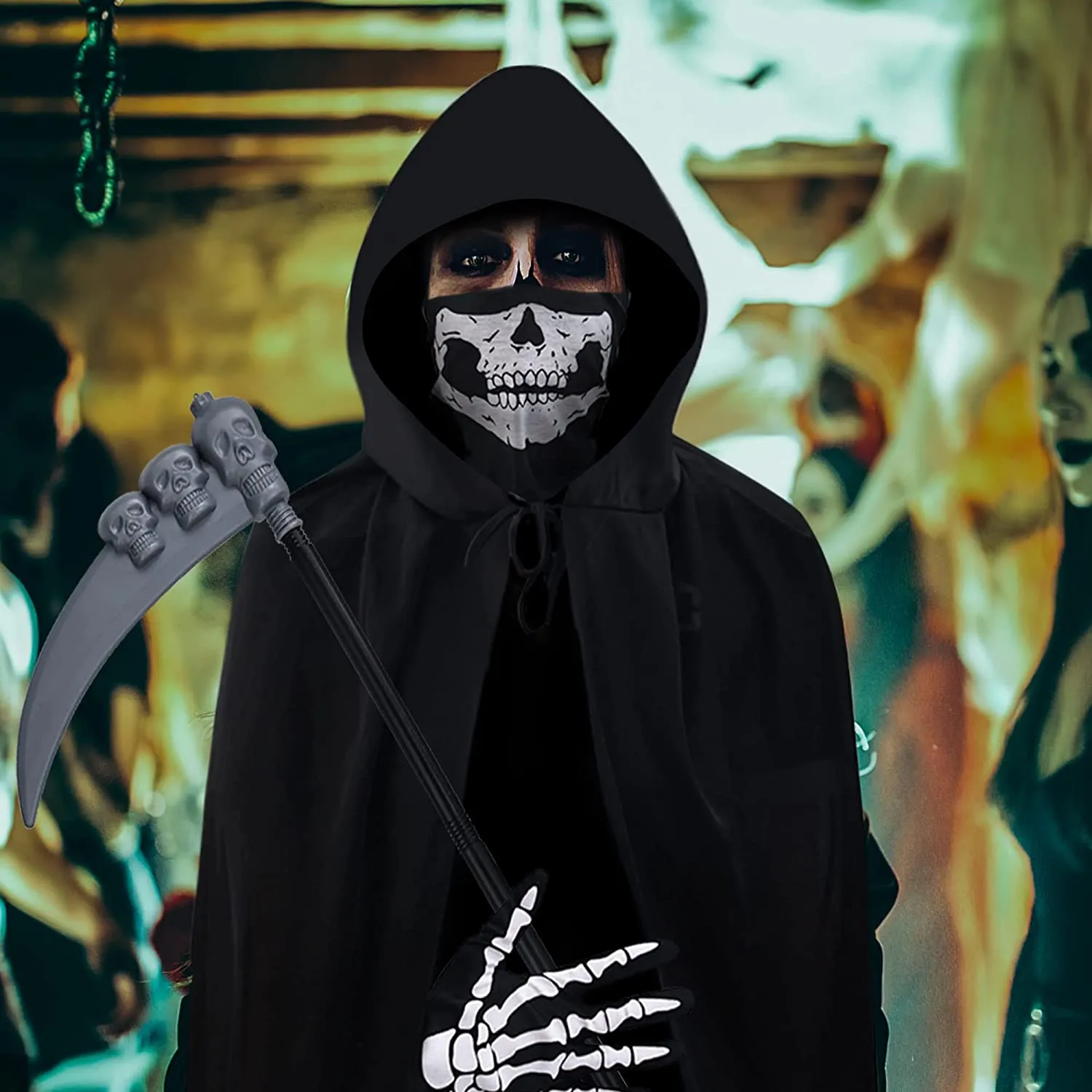 Halcyerdu Costumi Halloween, Mantello Cappuccio Nero con Guanti Scheletro,Scaldacollo Teschio,Falce Halloween,Halloween Costume 