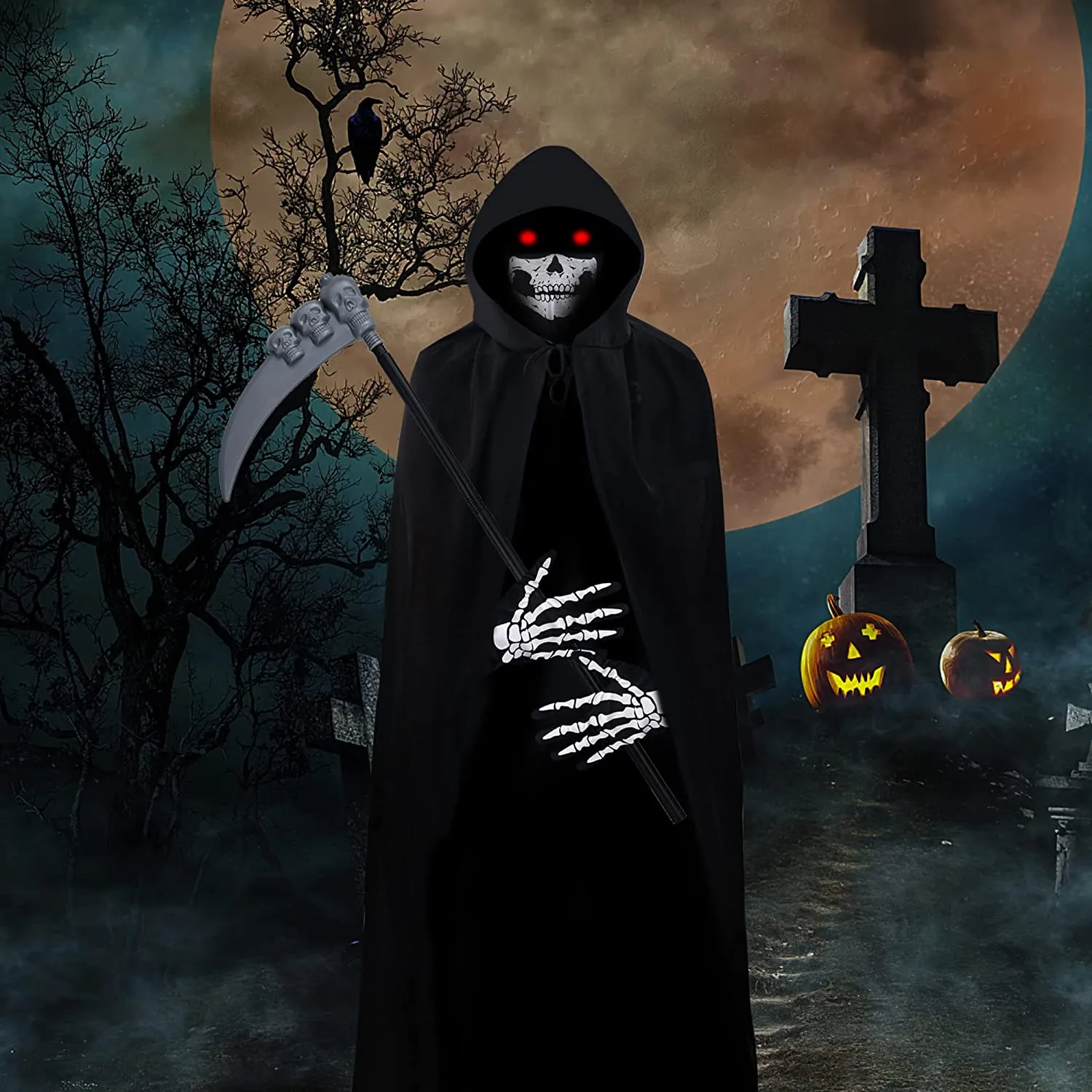 Halcyerdu Costumi Halloween, Mantello Cappuccio Nero con Guanti Scheletro,Scaldacollo Teschio,Falce Halloween,Halloween Costume 