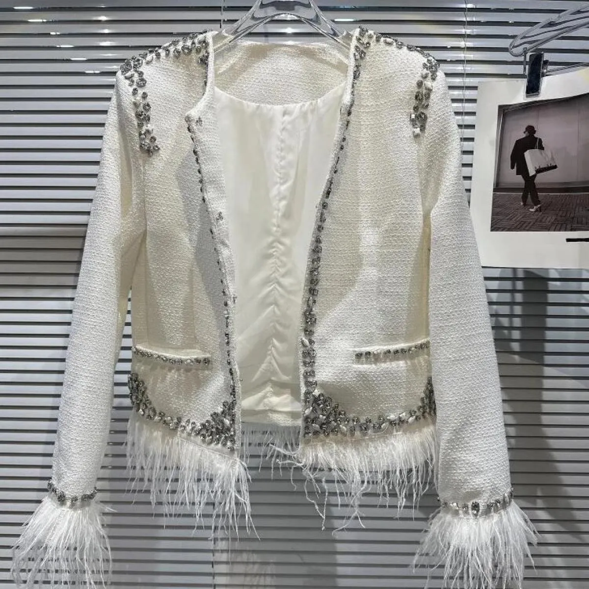 High Street Newest 2023 Fashion Designer Jacket Tops Giacca da donna in cotone con design a bordo vivo in struzzo con strass e p