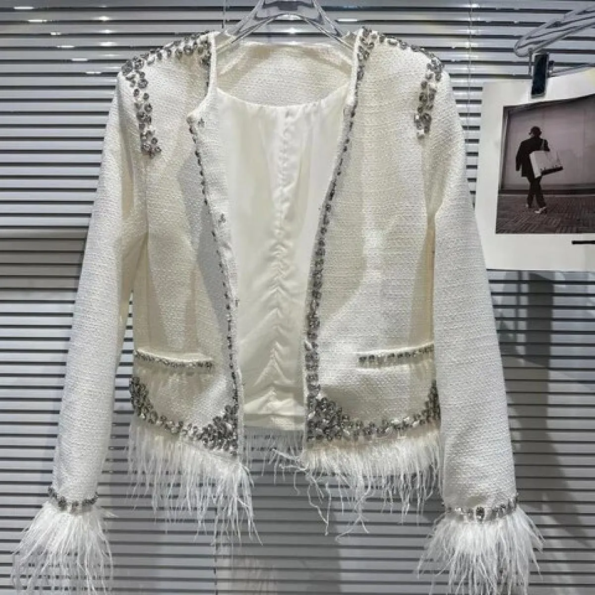 High Street Newest 2023 Fashion Designer Jacket Tops Giacca da donna in cotone con design a bordo vivo in struzzo con strass e p