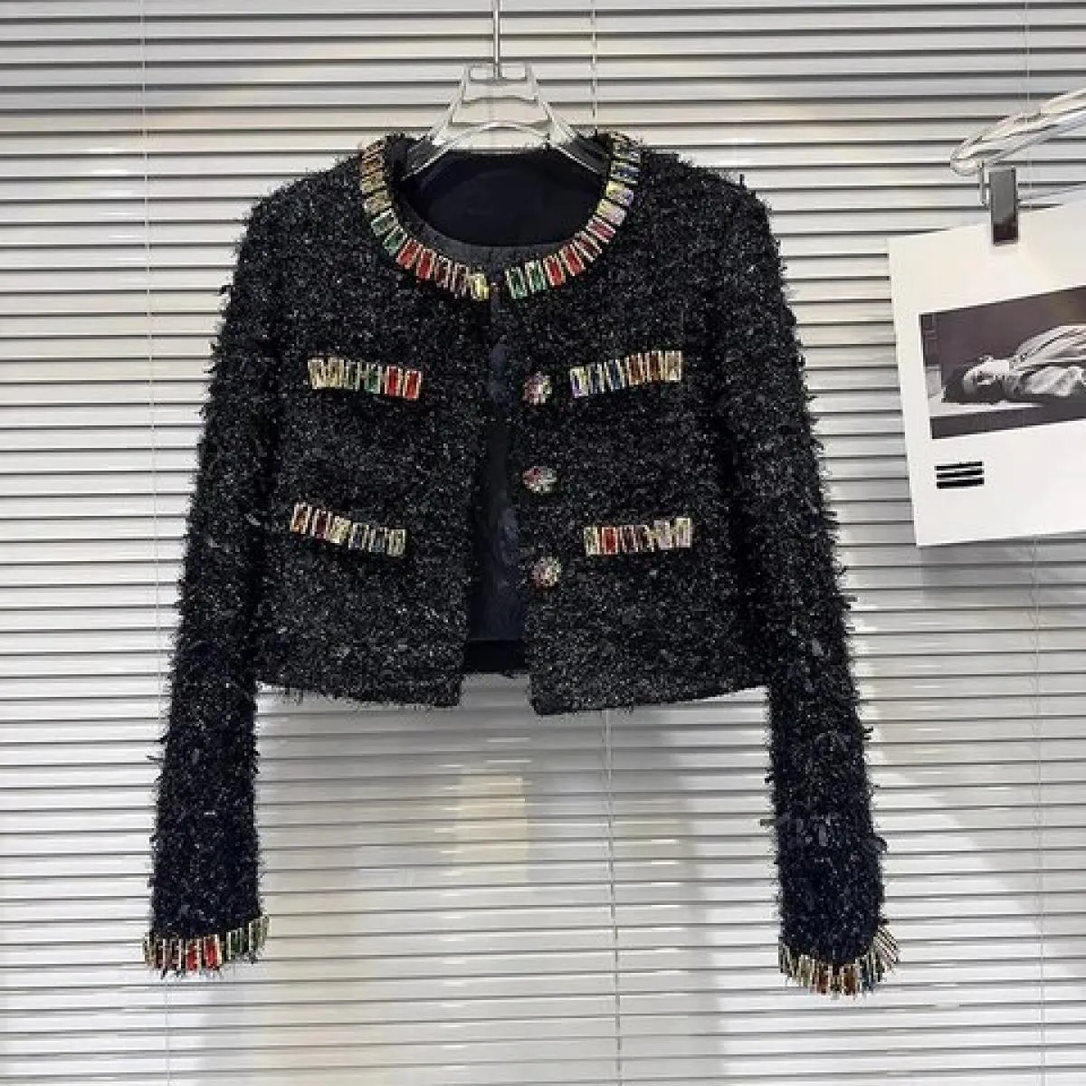 High Street più recente 2023 Autunno Inverno Designer Moda Donna Giacca di tweed ruvida con borchie di diamanti colorati