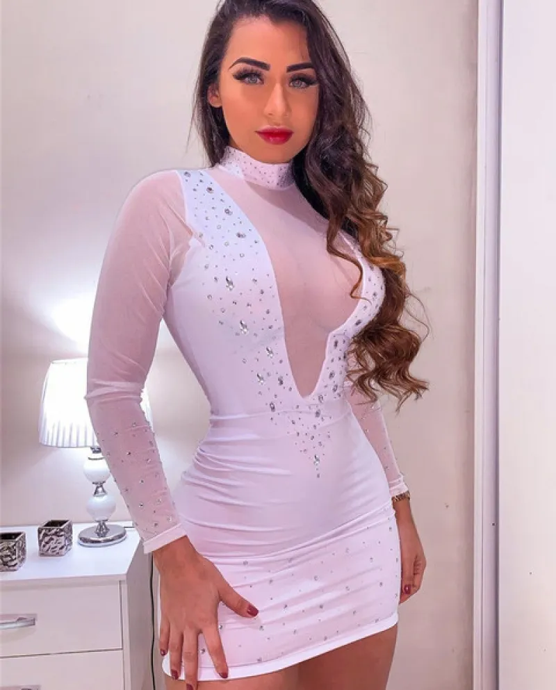 Hirigin Plus Size Mesh Sheer Strass Bodycon Mini abito manica lunga