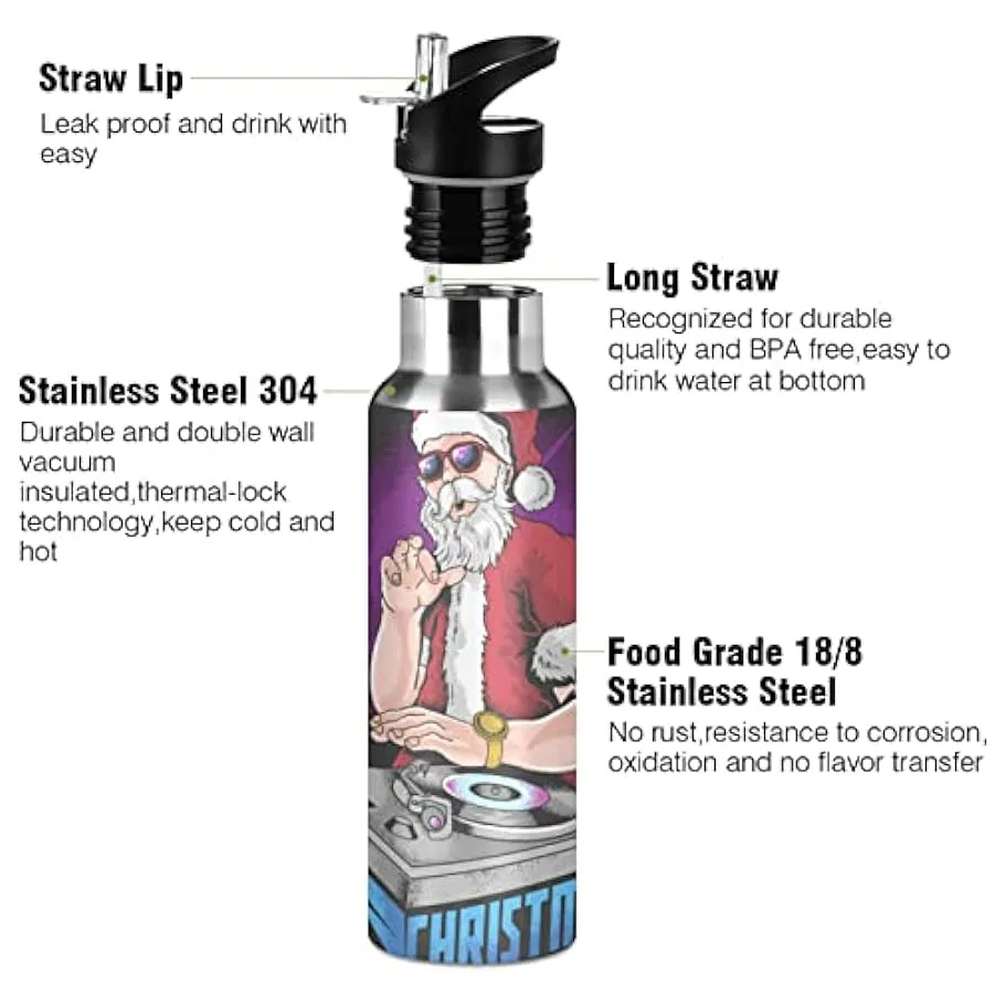 KAAVIYO Babbo Natale Musica Dj Night Party Bottiglia Acqua Isolato Borraccia Termica Acciaio Inox 600ML Water Bottle per Bambini